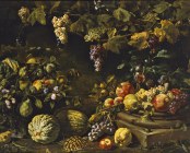 Attribuito a Michelangelo del Campidoglio (Roma 1610-1670 ca.), Tralci d'uva e frutta