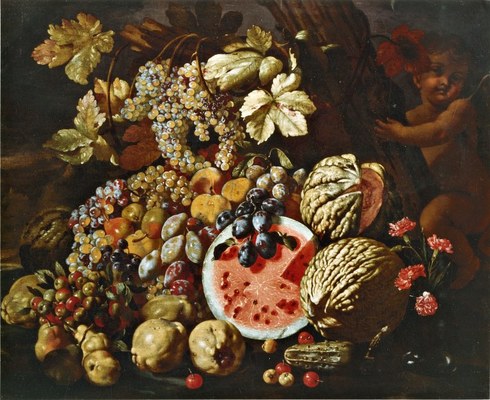 Giovan Battista Ruoppolo (Napoli 1629-1693), Frutta, vaso di garofani e putto