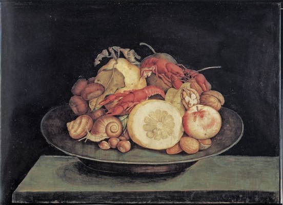 Giovanna Garzoni (Ascoli Piceno 1600-Roma 1670), Piatto con frutta, crostacei e lumache