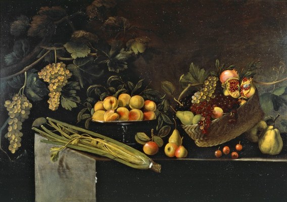 Maestro di Hartford (sec. XVI-XVII), Tralci d'uva, bacile con pesche, cesto di frutta, sedano