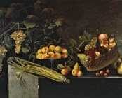 Maestro di Hartford (sec. XVI-XVII), Tralci d'uva, bacile con pesche, cesto di frutta, sedano