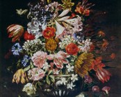 Attribuito a Abraham Brueghel, Vaso di fiori e frutta