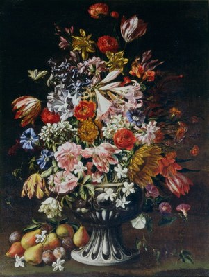Attribuito a Abraham Brueghel, Vaso di fiori e frutta