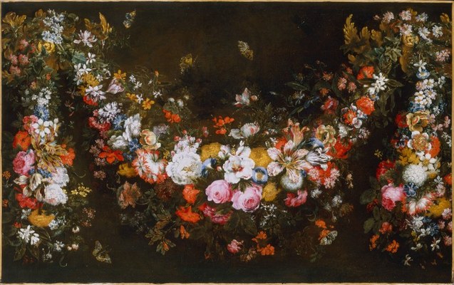 Attribuito a Giovanni Stanchi (Roma 1608-1674), Ghirlanda di fiori con farfalle