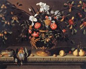 Attribuito allo Pseudo Hiepes (Spagna sec. XVII), Vaso di fiori, selvaggina e pere