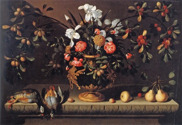 Attribuito allo Pseudo Hiepes (Spagna sec. XVII), Vaso di fiori, selvaggina e pere