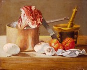 Anonimo romagnolo (fine sec. XVIII), Mortaio, pentola, carne e ortaggi