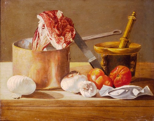 Anonimo romagnolo (fine sec. XVIII), Mortaio, pentola, carne e ortaggi