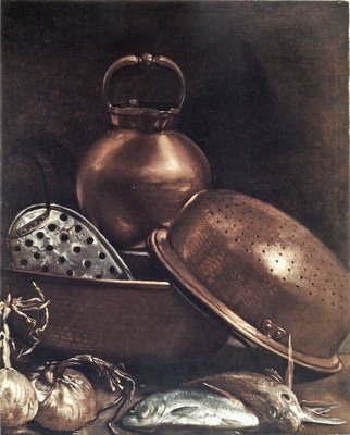 Giovan Battista Recco (Napoli 1615-1660), Stoviglie, pesci e cipolle