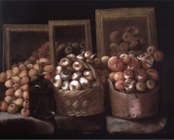 Paolo Antonio Barbieri (1603-1649), Frutta, cesto di cipolle e specchi