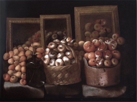 Paolo Antonio Barbieri (1603-1649), Frutta, cesto di cipolle e specchi