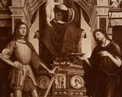 Lorenzo Costa e Giovan Francesco Maineri, Madonna con Bambino in trono e Santi (Pala Strozzi), 1497-1499, Londra, National Gallery, già nell’Oratorio della Concezione presso la Chiesa di San Francesco a Ferrara