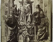 Marco Palmezzano, Madonna con Bambino in trono, tra Santi e un angelo musicante, 1513, Monaco di Baviera, Alte Pinakothek, già nella Chiesa di Pergola a Faenza