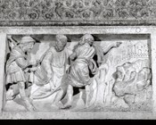 Zaccaria Zacchi, Incontro di Cristo e i discepoli sulla via di Emmaus, Bologna, Basilica di San Petronio, portale sinistro