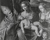 Anonimo sec. XVI, Madonna con Bambino, San Nicola di Bari, Santa Lucia e San Giovannino, segnalato nel 1957 a Bologna, Museo di Santo Stefano